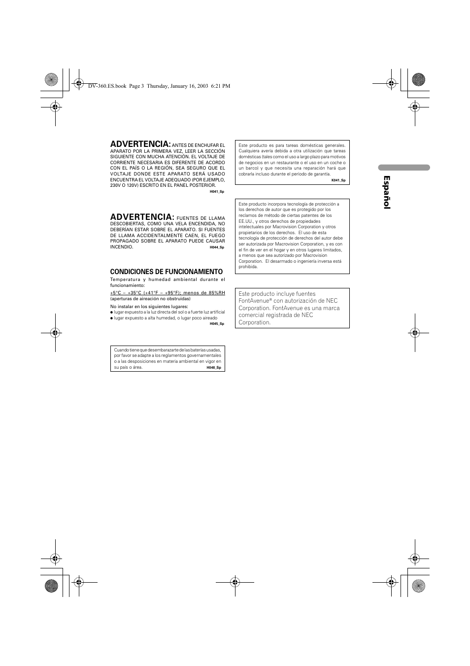 Advertencia, Espa ñol, Condiciones de funcionamiento | Pioneer DV-360-S User Manual | Page 3 / 128