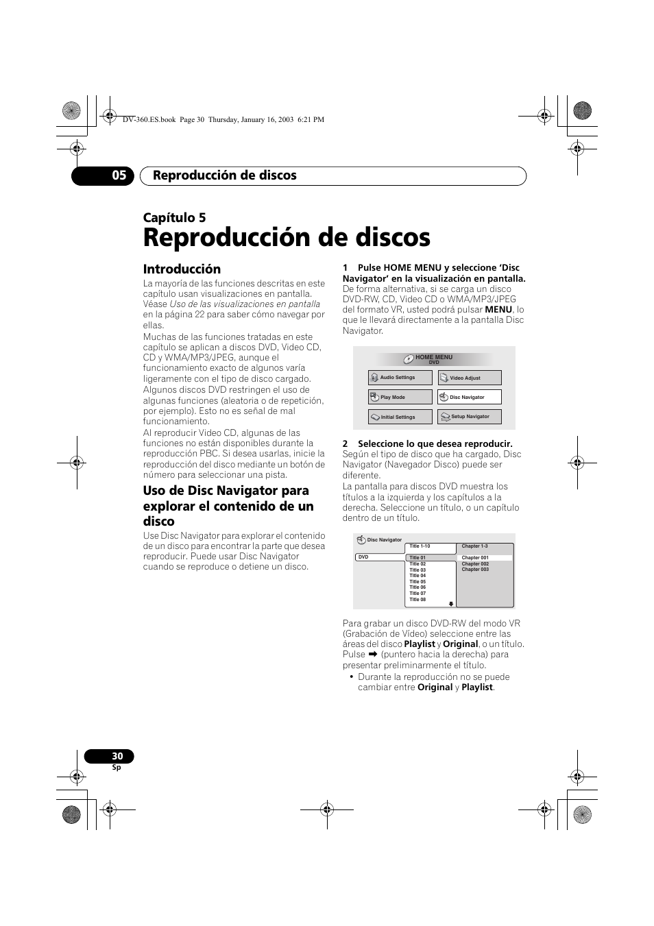 Introducción, Reproducción de discos, Reproducción de discos 05 | Capítulo 5 | Pioneer DV-360-S User Manual | Page 30 / 128