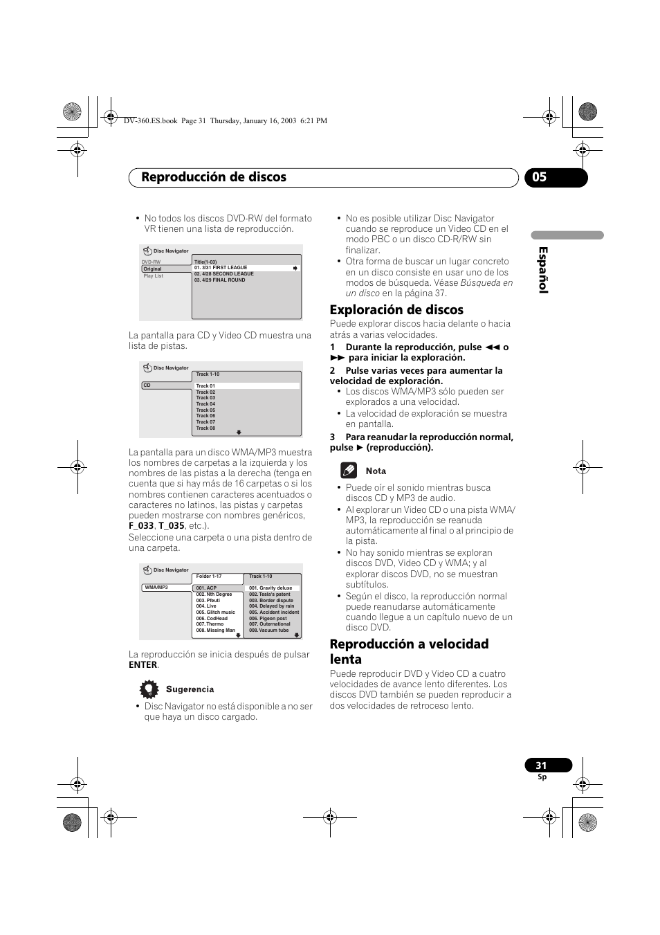 Exploración de discos, Reproducción a velocidad lenta, Reproducción de discos 05 | Espa ñol | Pioneer DV-360-S User Manual | Page 31 / 128