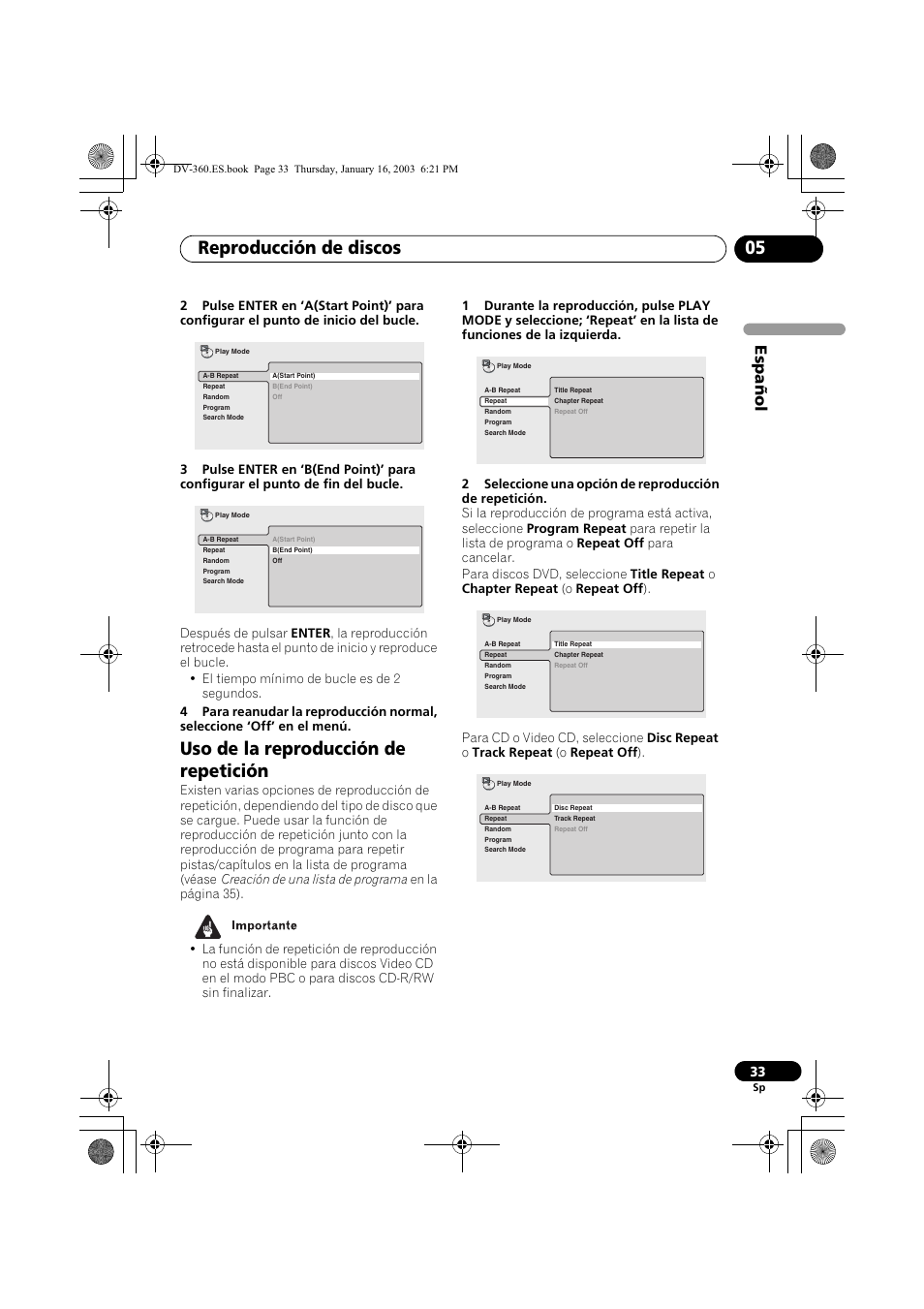 Uso de la reproducción de repetición, Reproducción de discos 05, Espa ñol | Pioneer DV-360-S User Manual | Page 33 / 128