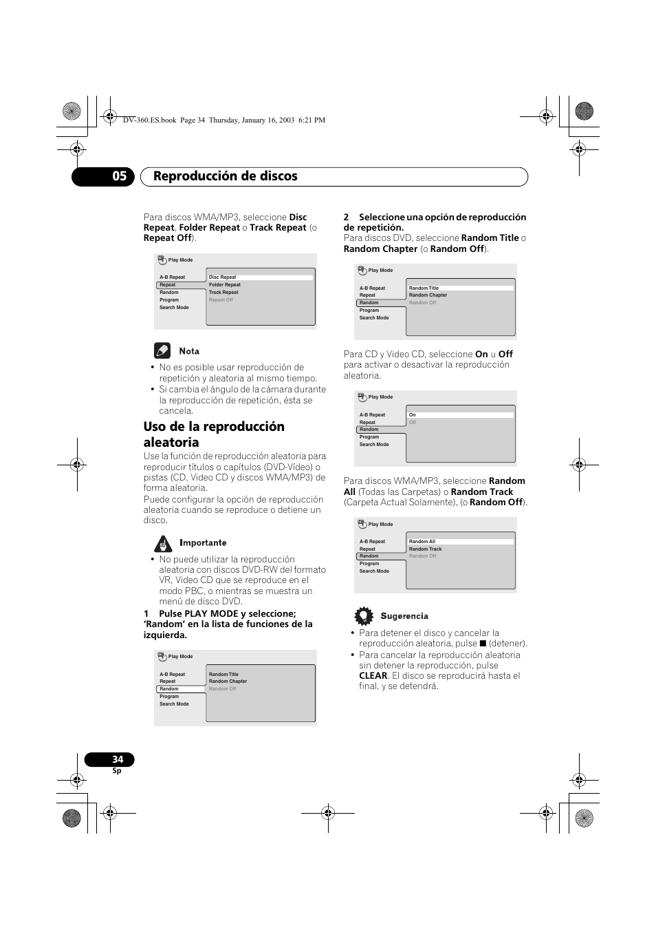 Uso de la reproducción aleatoria, Reproducción de discos 05 | Pioneer DV-360-S User Manual | Page 34 / 128