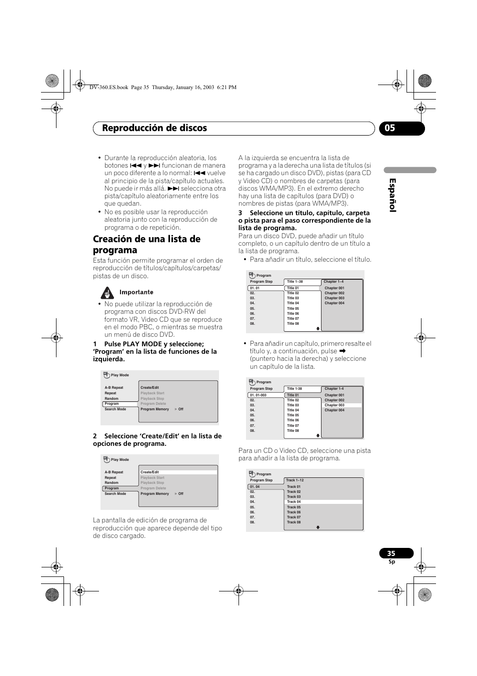 Creación de una lista de programa, Reproducción de discos 05, Espa ñol | Pioneer DV-360-S User Manual | Page 35 / 128