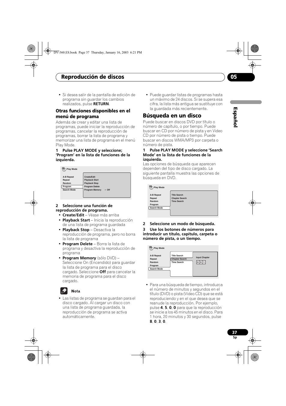 Otras funciones disponibles en el menú de programa, Búsqueda en un disco, Reproducción de discos 05 | Espa ñol | Pioneer DV-360-S User Manual | Page 37 / 128