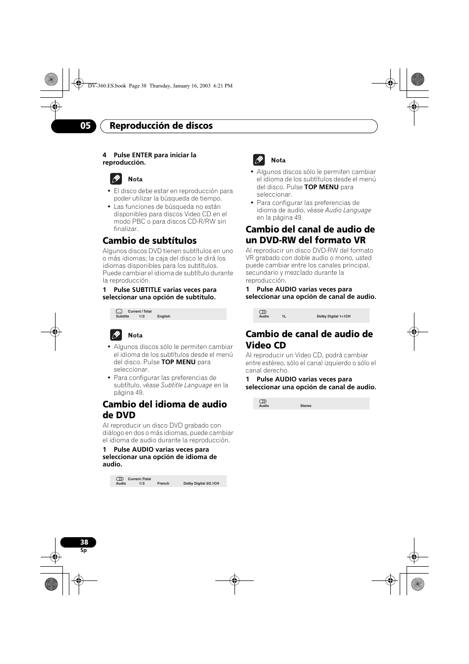 Cambio de subtítulos, Cambio del idioma de audio de dvd, Cambio de canal de audio de video cd | Reproducción de discos 05 | Pioneer DV-360-S User Manual | Page 38 / 128