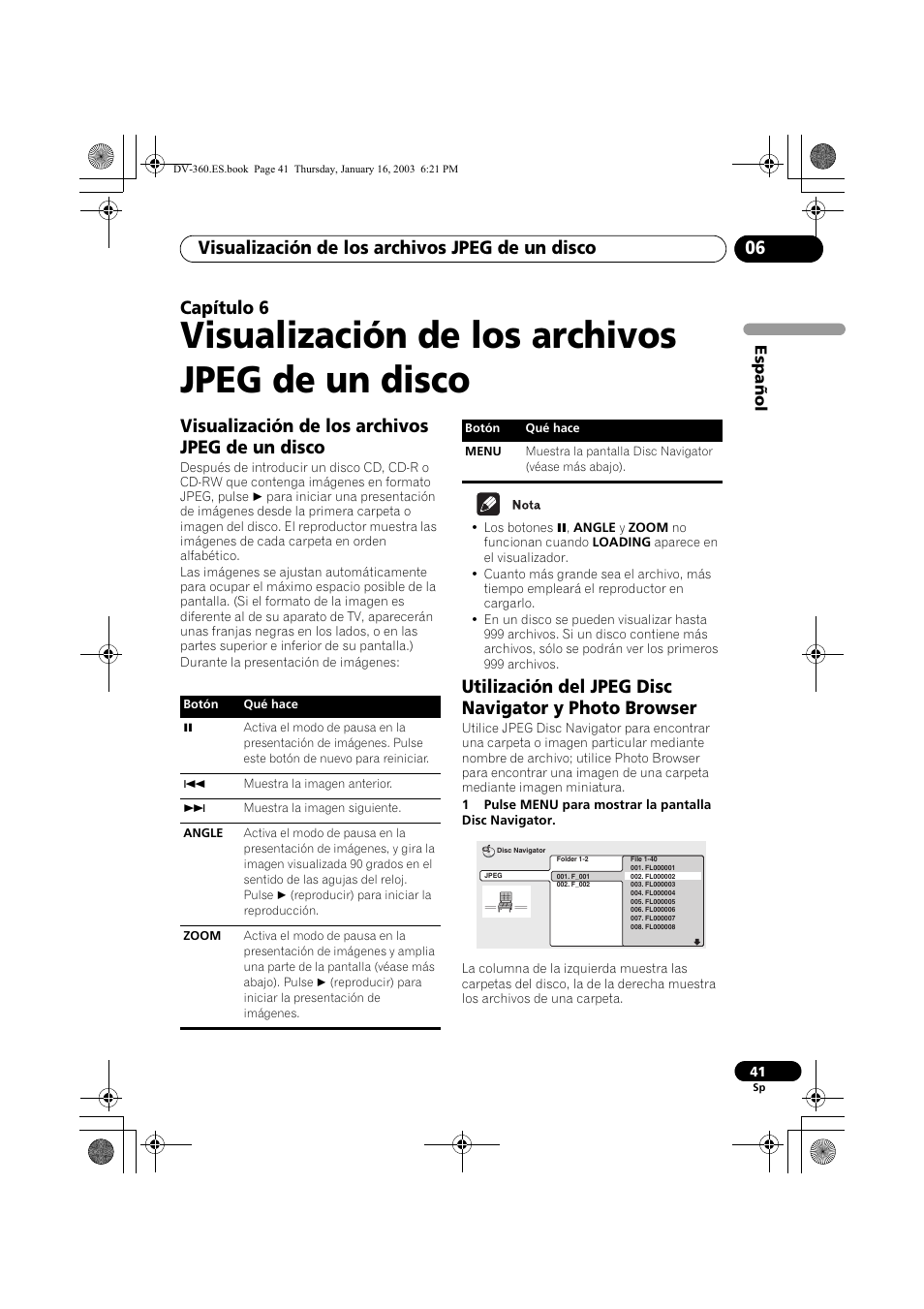 Visualización de los archivos jpeg de un disco, Visualización de los archivos jpeg de un disco 06, Capítulo 6 | Pioneer DV-360-S User Manual | Page 41 / 128