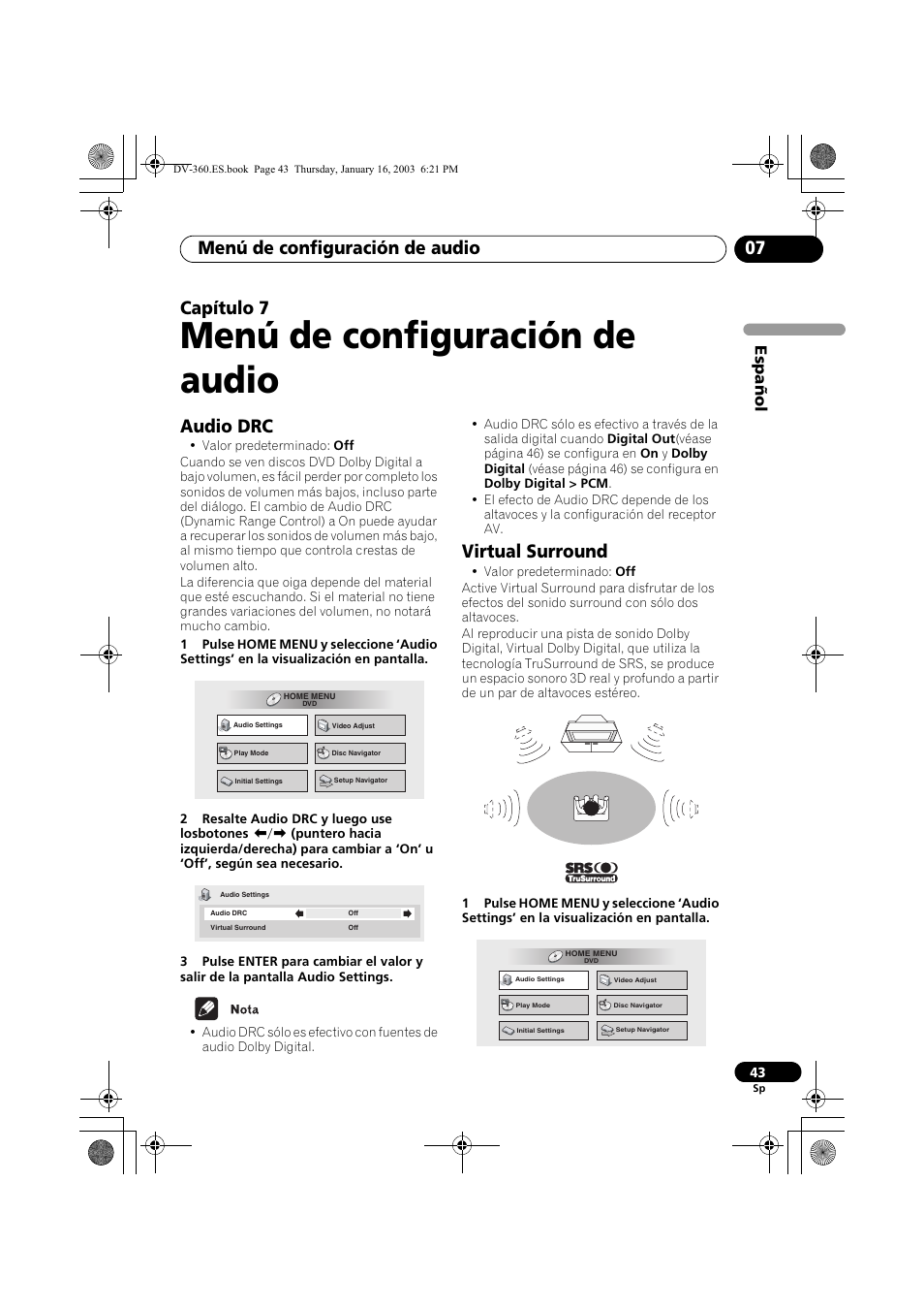 Audio drc, Virtual surround, Menú de configuración de audio | Menú de configuración de audio 07, Capítulo 7, Espa ñol | Pioneer DV-360-S User Manual | Page 43 / 128