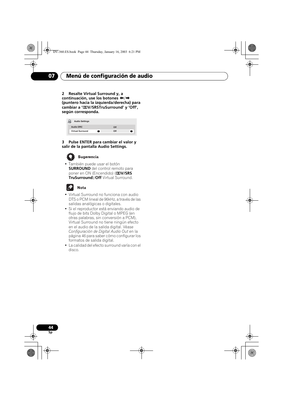 Menú de configuración de audio 07 | Pioneer DV-360-S User Manual | Page 44 / 128