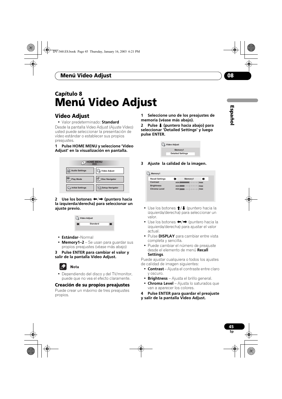 Video adjust, Creación de su propios preajustes, Menú video adjust | Menú video adjust 08, Capítulo 8, Espa ñol | Pioneer DV-360-S User Manual | Page 45 / 128