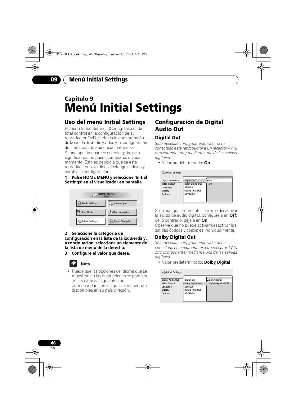 Uso del menú initial settings, Configuración de digital audio out, Digital out | Dolby digital out, Menú initial settings, Menú initial settings 09, Capítulo 9 | Pioneer DV-360-S User Manual | Page 46 / 128