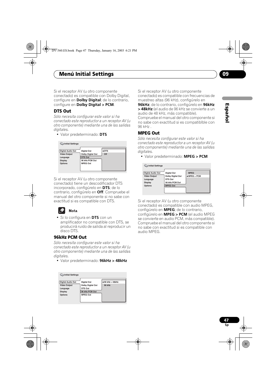 Dts out, 96khz pcm out, Mpeg out | Menú initial settings 09, Espa ñol | Pioneer DV-360-S User Manual | Page 47 / 128