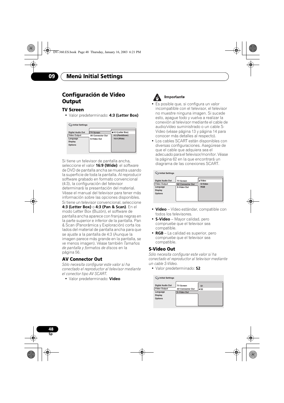 Configuración de video output, Tv screen, Av connector out | S-video out, Menú initial settings 09 | Pioneer DV-360-S User Manual | Page 48 / 128