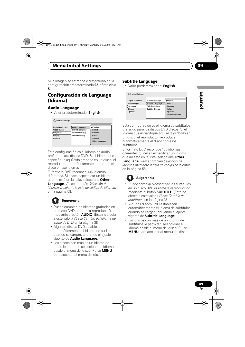 Configuración de language (idioma), Audio language, Subtitle language | Menú initial settings 09, Espa ñol | Pioneer DV-360-S User Manual | Page 49 / 128