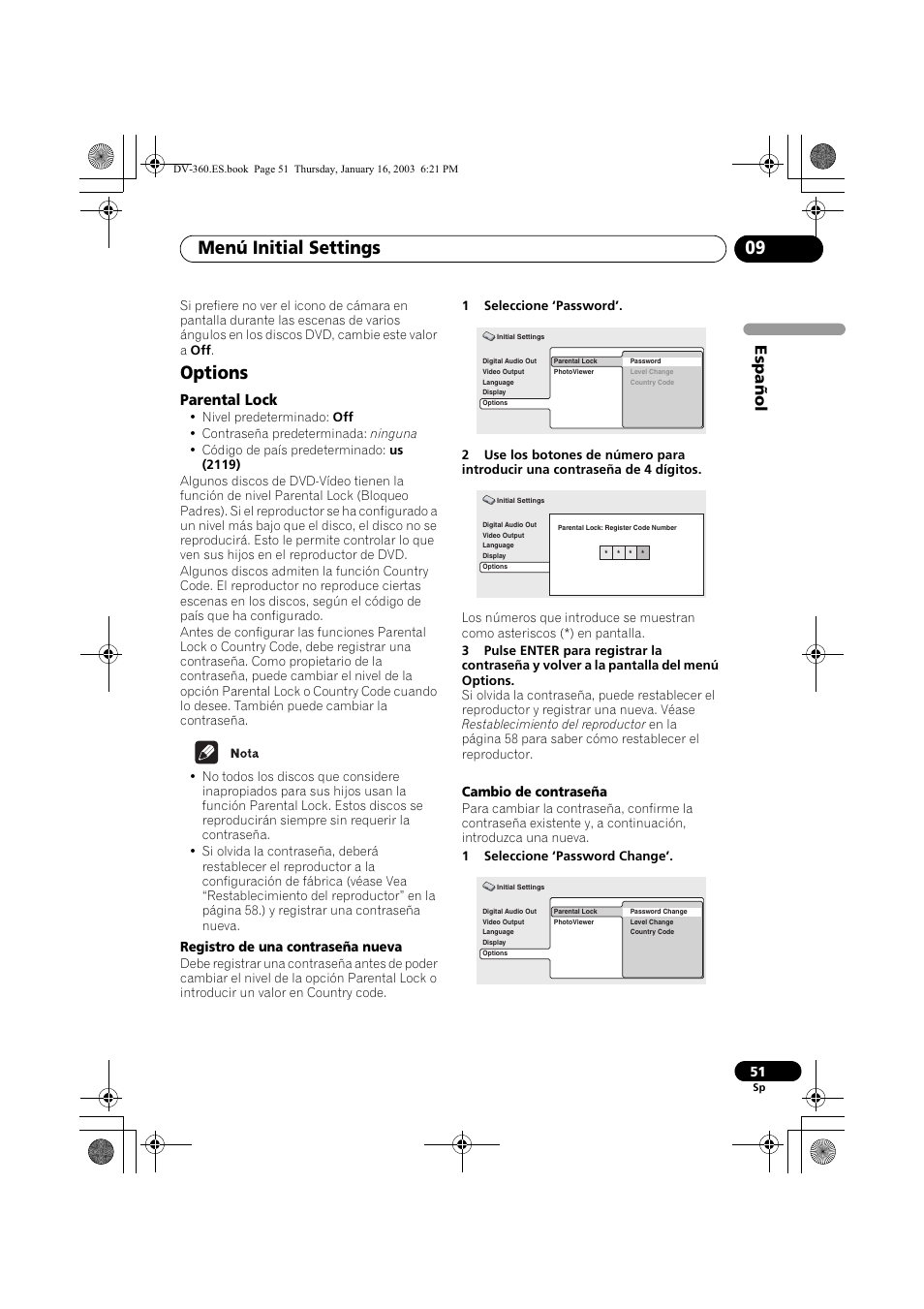 Options, Parental lock, Menú initial settings 09 | Espa ñol | Pioneer DV-360-S User Manual | Page 51 / 128