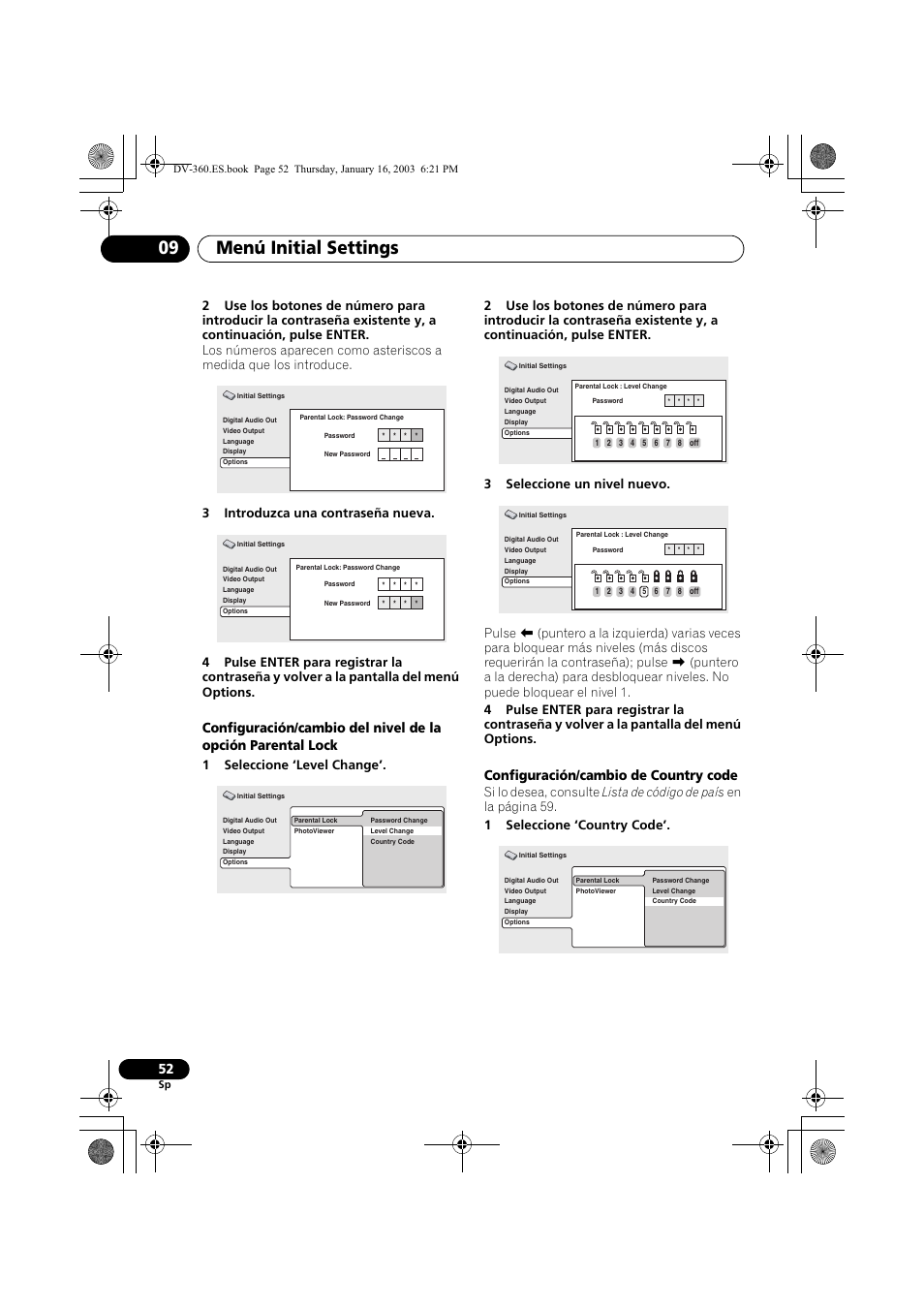 Menú initial settings 09, Configuración/cambio de country code | Pioneer DV-360-S User Manual | Page 52 / 128