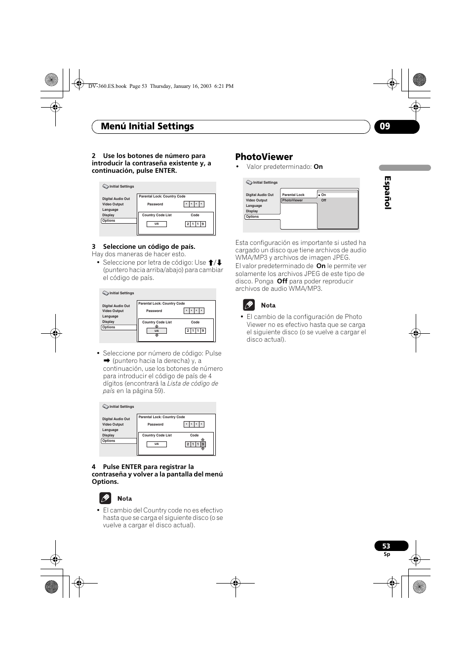 Photoviewer, Menú initial settings 09, Espa ñol | Pioneer DV-360-S User Manual | Page 53 / 128
