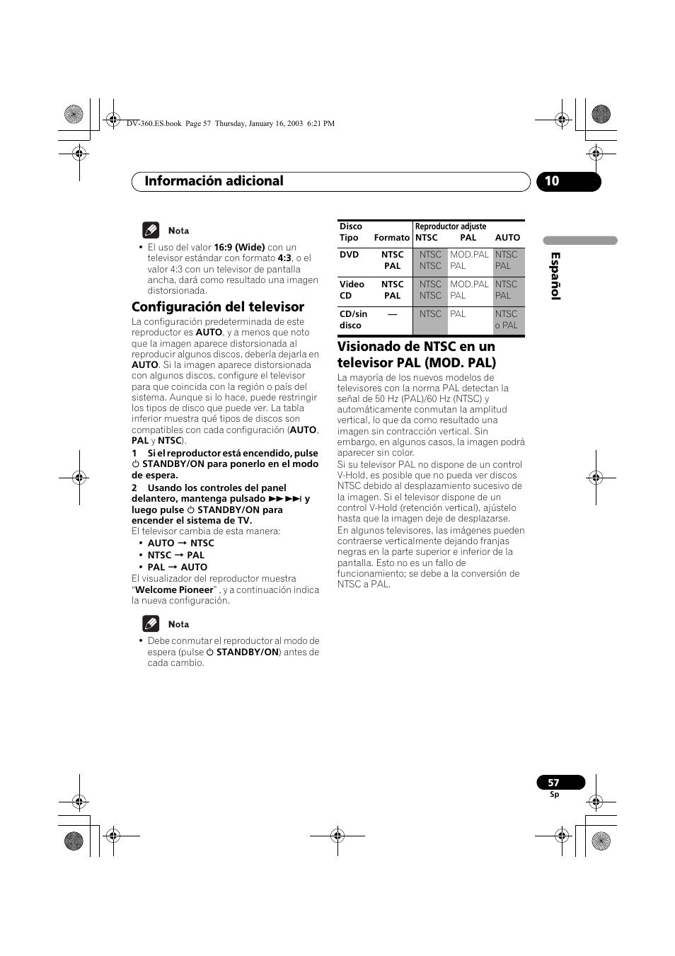 Configuración del televisor, Visionado de ntsc en un televisor pal (mod. pal), Información adicional 10 | Pioneer DV-360-S User Manual | Page 57 / 128