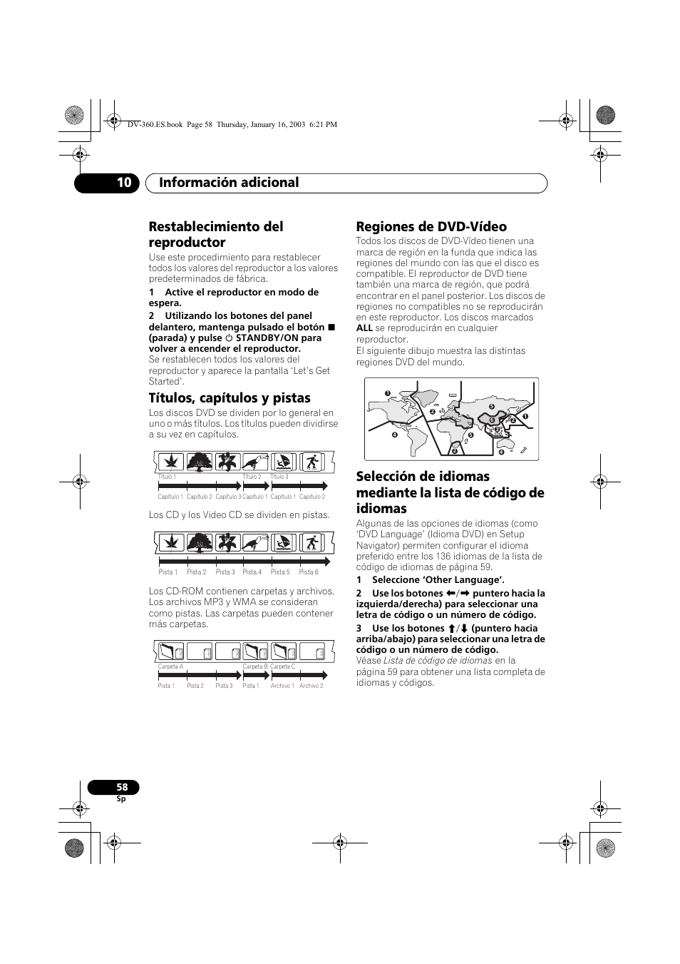 Restablecimiento del reproductor, Títulos, capítulos y pistas, Regiones de dvd-vídeo | Información adicional 10 | Pioneer DV-360-S User Manual | Page 58 / 128