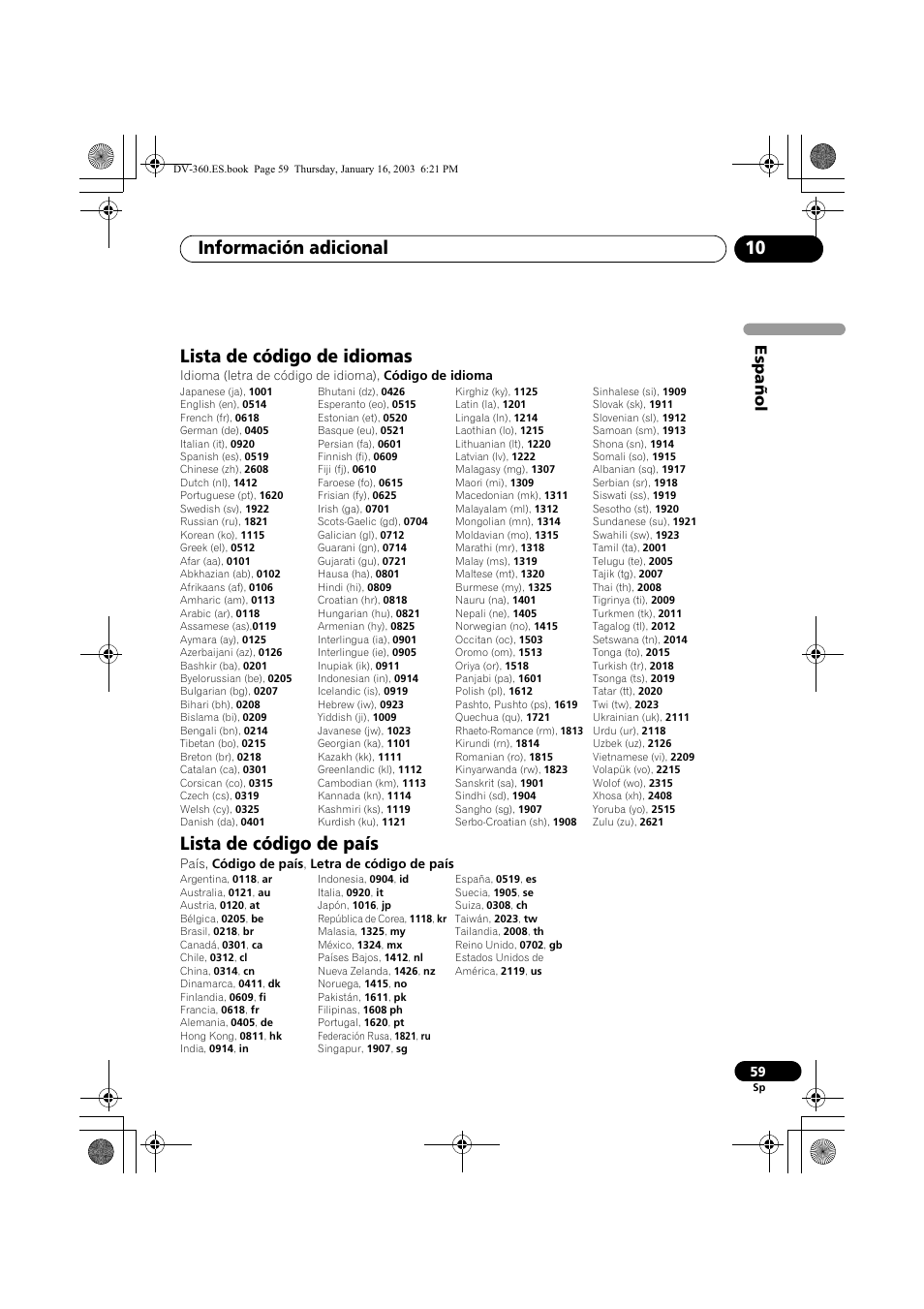 Lista de código de idiomas, Lista de código de país, Información adicional 10 | Espa ñol | Pioneer DV-360-S User Manual | Page 59 / 128