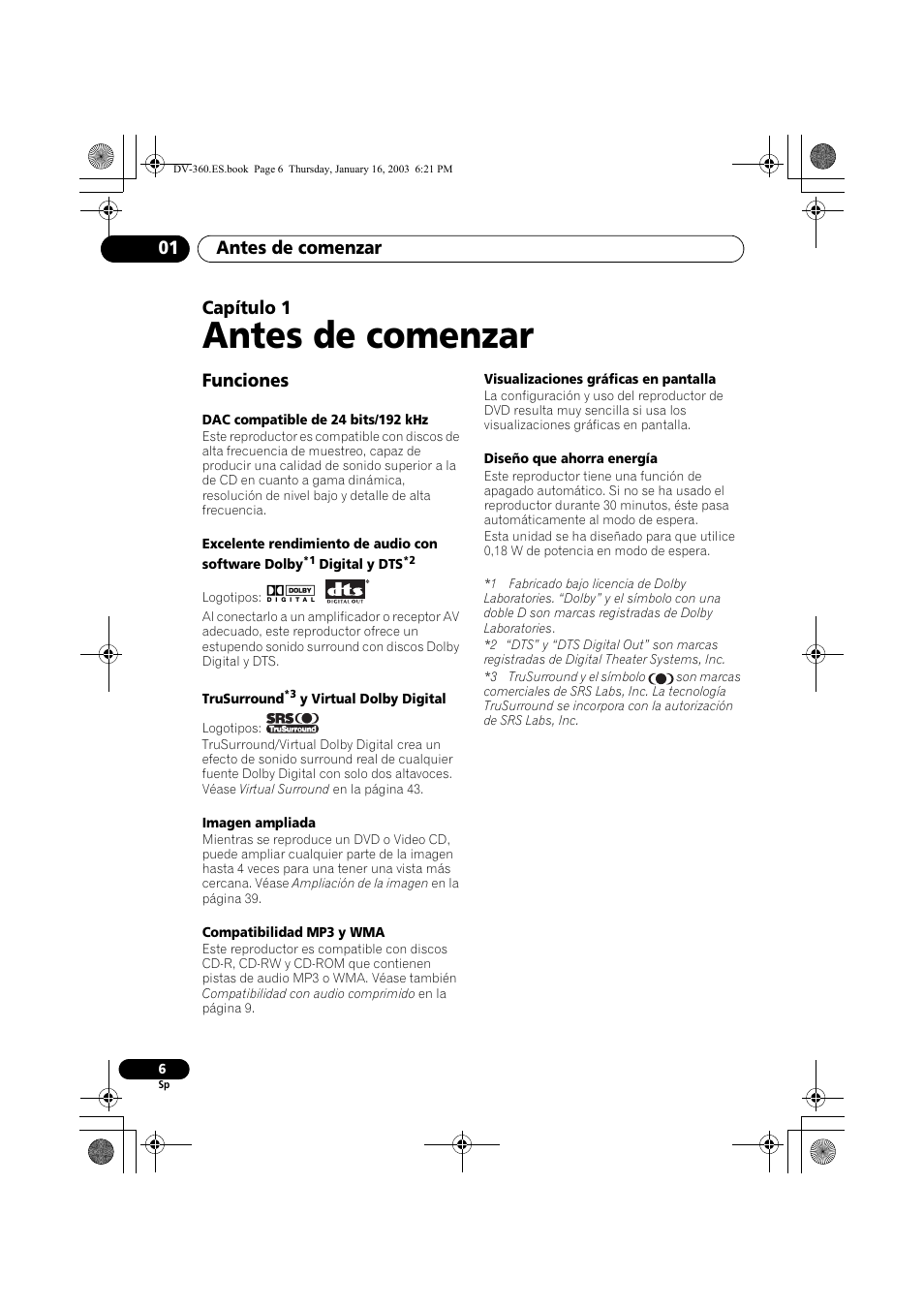 Funciones, Antes de comenzar, Antes de comenzar 01 | Capítulo 1 | Pioneer DV-360-S User Manual | Page 6 / 128