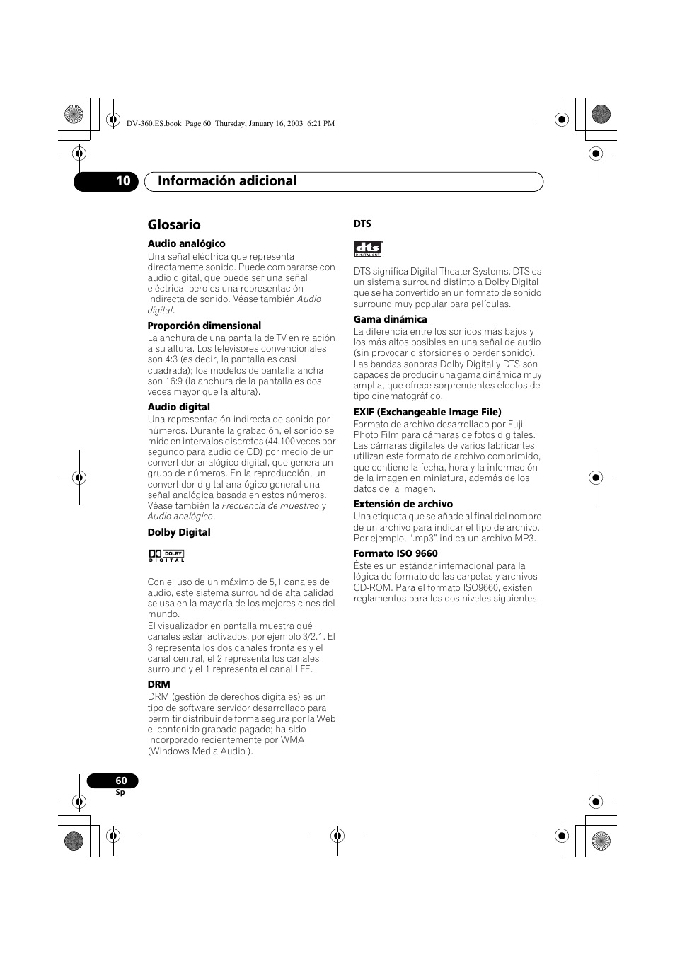 Glosario, Información adicional 10 | Pioneer DV-360-S User Manual | Page 60 / 128