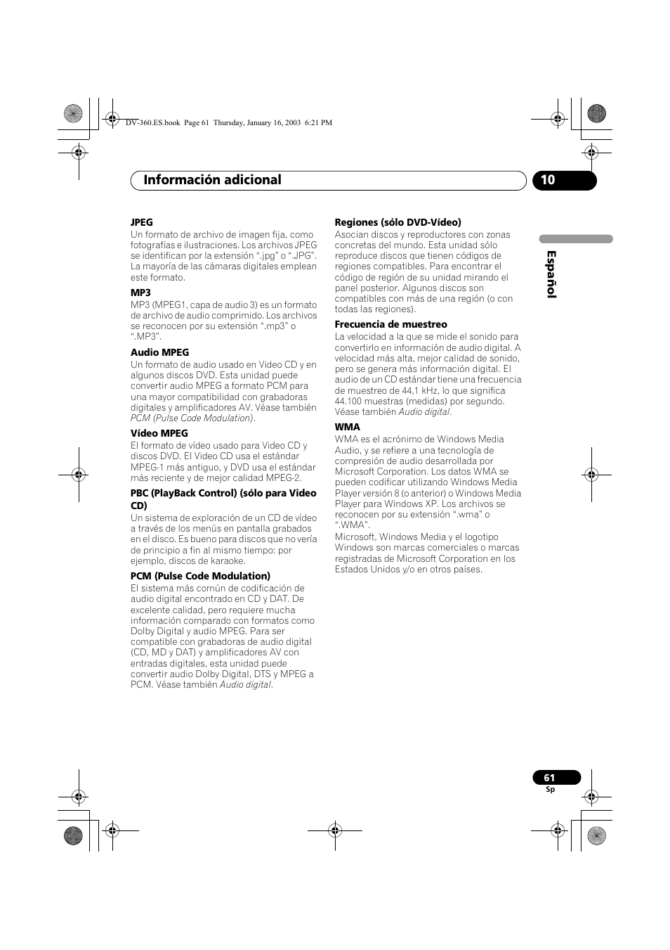 Información adicional 10 | Pioneer DV-360-S User Manual | Page 61 / 128