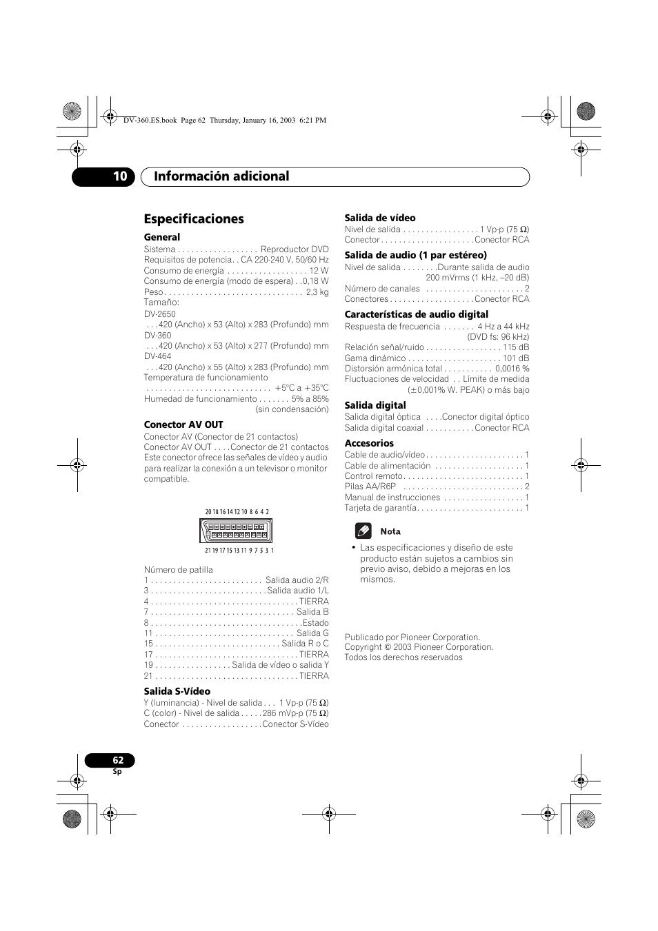 Especificaciones, Información adicional 10 | Pioneer DV-360-S User Manual | Page 62 / 128