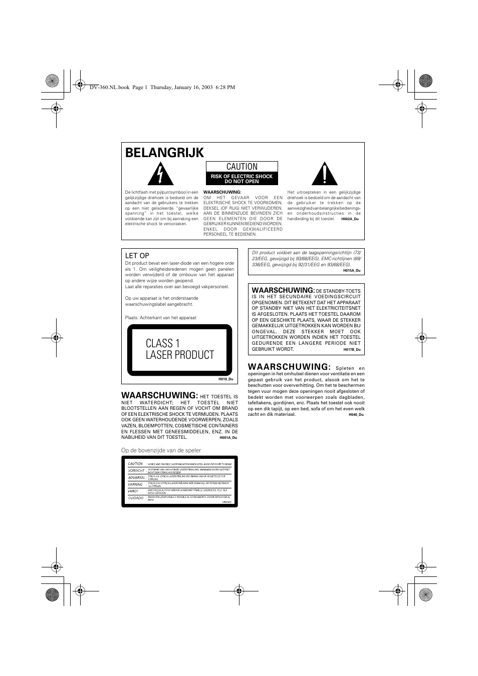 Belangrijk, Class 1 laser product, Caution | Waarschuwing | Pioneer DV-360-S User Manual | Page 64 / 128