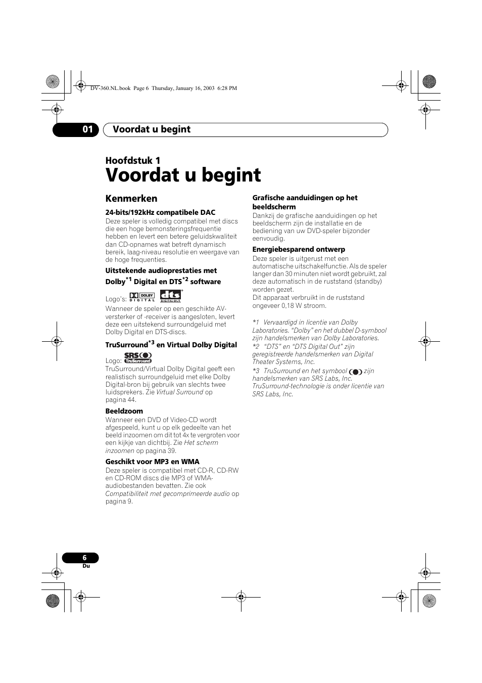 Kenmerken, Voordat u begint, Voordat u begint 01 | Hoofdstuk 1 | Pioneer DV-360-S User Manual | Page 68 / 128
