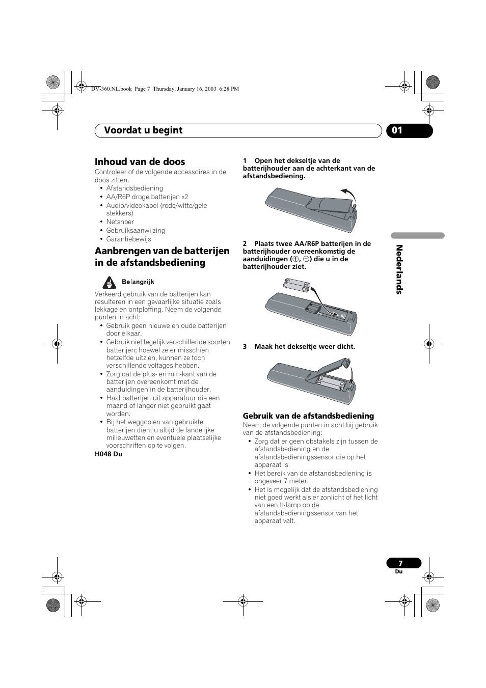 Inhoud van de doos, Gebruik van de afstandsbediening, Voordat u begint 01 | Pioneer DV-360-S User Manual | Page 69 / 128