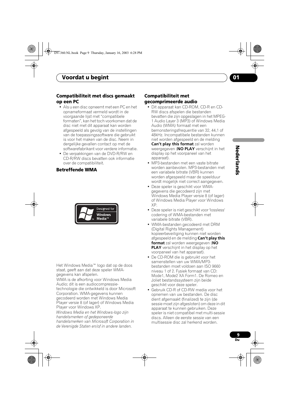 Compatibiliteit met discs gemaakt op een pc, Betreffende wma, Compatibiliteit met gecomprimeerde audio | Voordat u begint 01 | Pioneer DV-360-S User Manual | Page 71 / 128