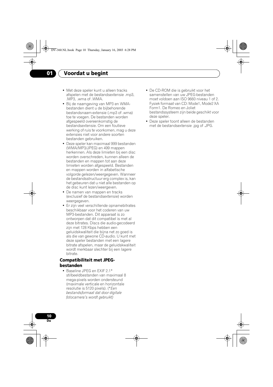 Compatibiliteit met jpeg-bestanden, Voordat u begint 01 | Pioneer DV-360-S User Manual | Page 72 / 128
