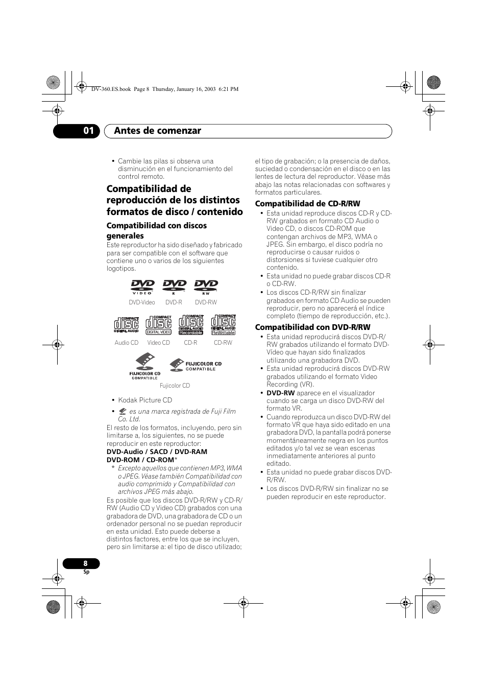 Compatibilidad con discos generales, Compatibilidad de cd-r/rw, Compatibilidad con dvd-r/rw | Antes de comenzar 01 | Pioneer DV-360-S User Manual | Page 8 / 128