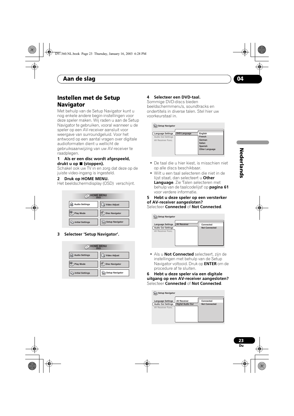Instellen met de setup navigator, Aan de slag 04, Nede rlands | Pioneer DV-360-S User Manual | Page 85 / 128