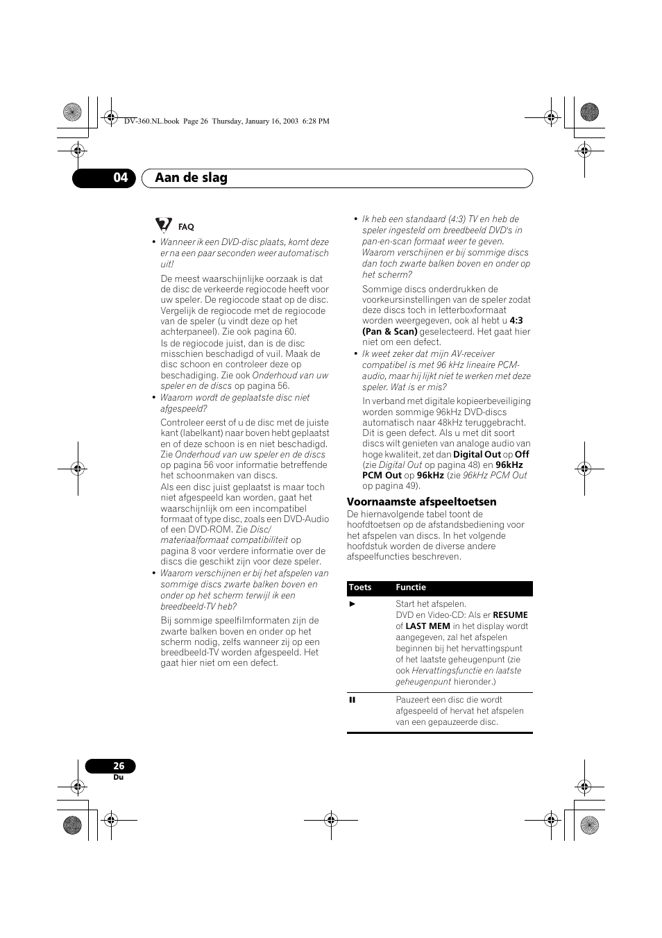 Voornaamste afspeeltoetsen, Aan de slag 04 | Pioneer DV-360-S User Manual | Page 88 / 128