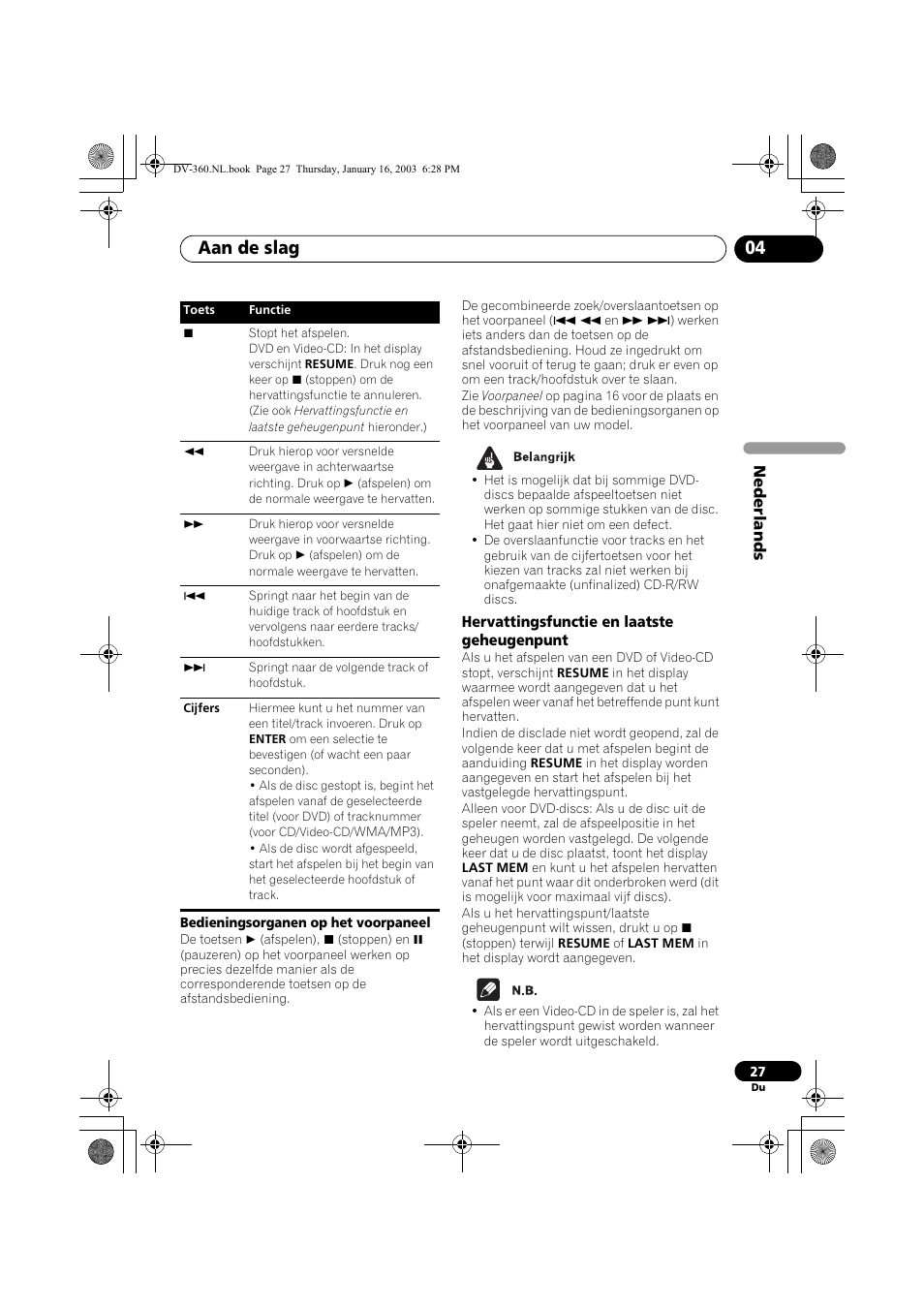 Hervattingsfunctie en laatste geheugenpunt, Aan de slag 04 | Pioneer DV-360-S User Manual | Page 89 / 128