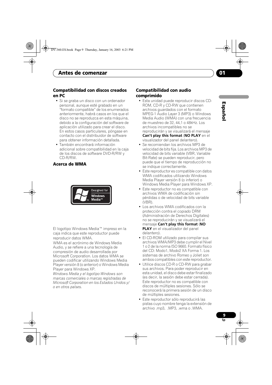 Compatibilidad con discos creados en pc, Acerca de wma, Compatibilidad con audio comprimido | Antes de comenzar 01 | Pioneer DV-360-S User Manual | Page 9 / 128