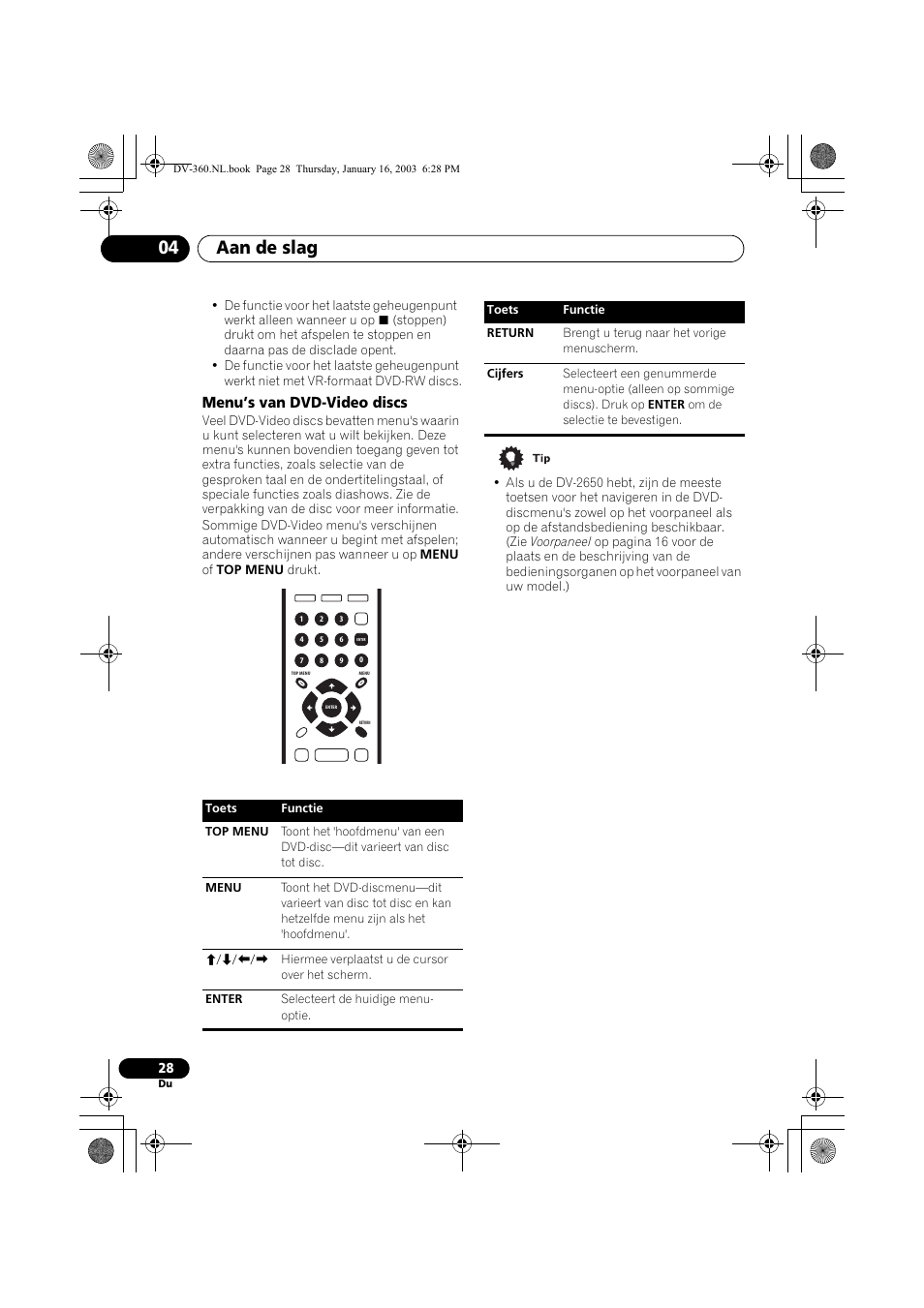 Menu’s van dvd-video discs, Aan de slag 04 | Pioneer DV-360-S User Manual | Page 90 / 128