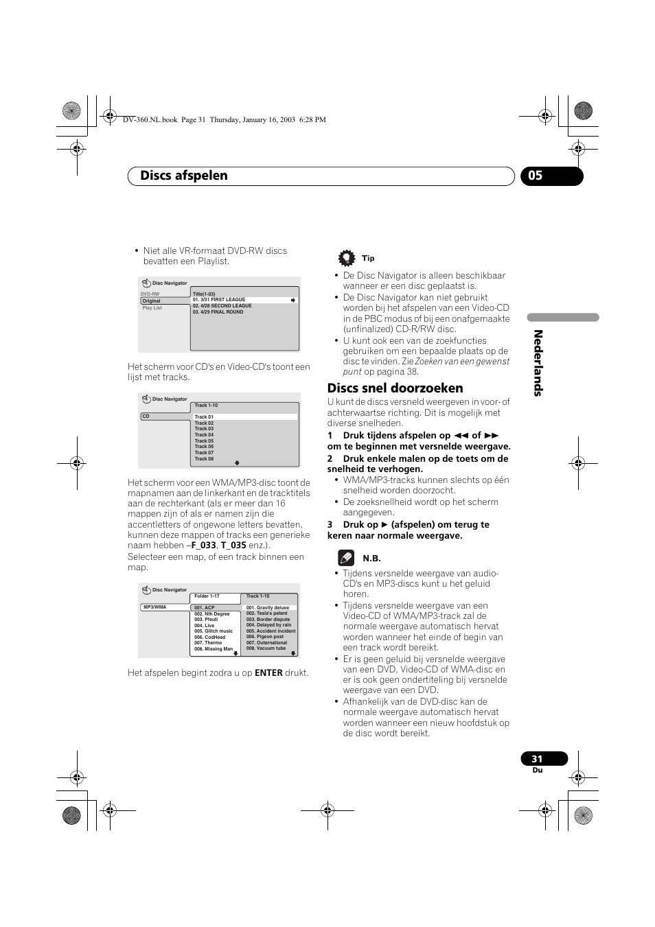 Discs snel doorzoeken, Discs afspelen 05, Nede rlands | Pioneer DV-360-S User Manual | Page 93 / 128