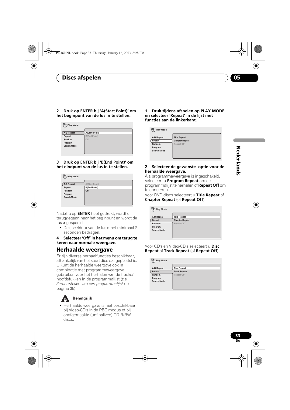 Herhaalde weergave, Discs afspelen 05, Nede rlands | Pioneer DV-360-S User Manual | Page 95 / 128