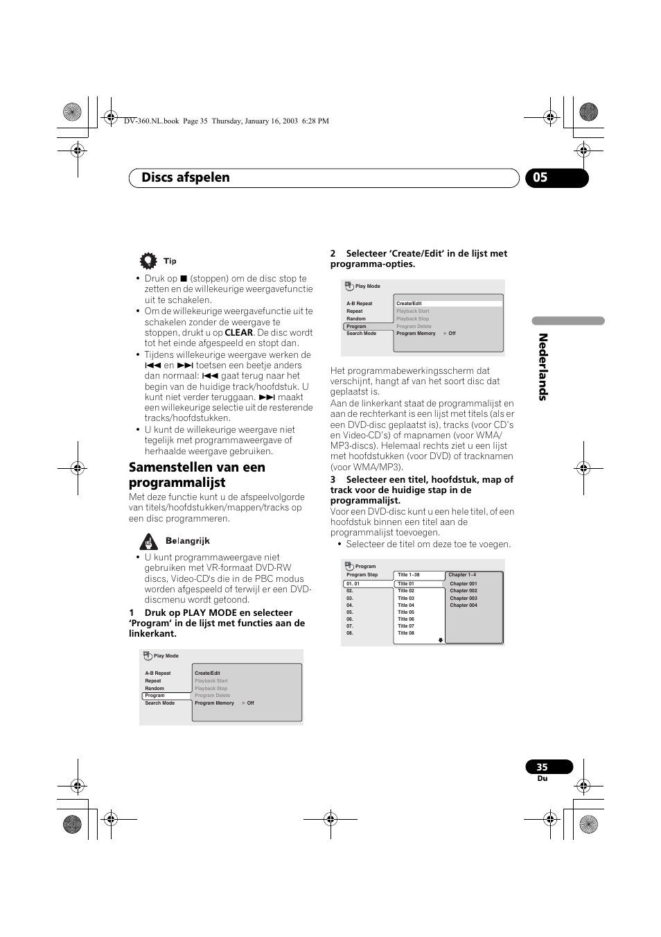 Samenstellen van een programmalijst, Discs afspelen 05, Nede rlands | Pioneer DV-360-S User Manual | Page 97 / 128