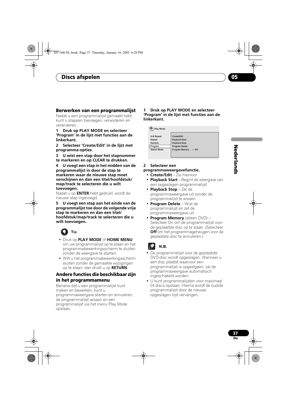 Berwerken van een programmalijst, Discs afspelen 05, Nede rlands | Pioneer DV-360-S User Manual | Page 99 / 128