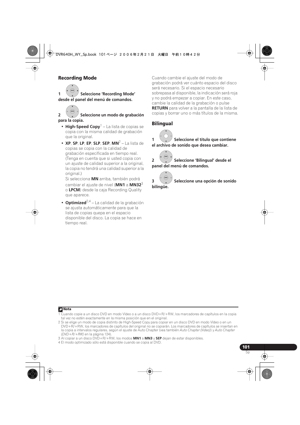 Recording mode, Bilingual | Pioneer DVR-540H-S User Manual | Page 101 / 144