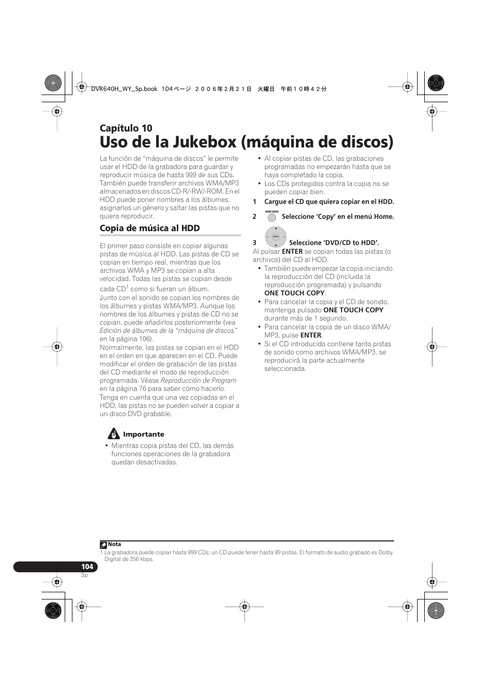 10 uso de la jukebox (máquina de discos), Copia de música al hdd, Uso de la jukebox (máquina de discos) | Capítulo 10 | Pioneer DVR-540H-S User Manual | Page 104 / 144