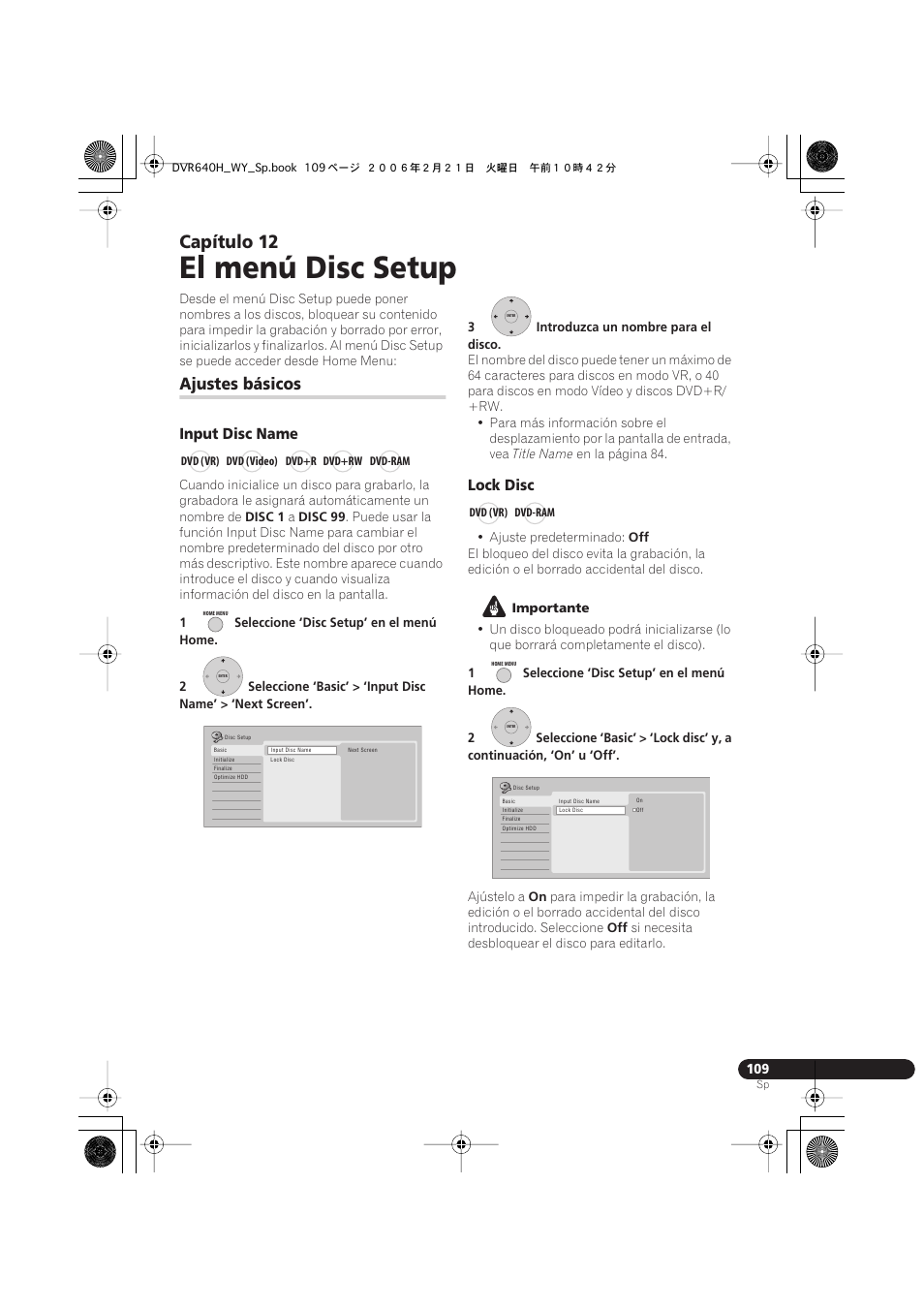 12 el menú disc setup, Ajustes básicos, El menú disc setup | Capítulo 12, Input disc name, Lock disc | Pioneer DVR-540H-S User Manual | Page 109 / 144