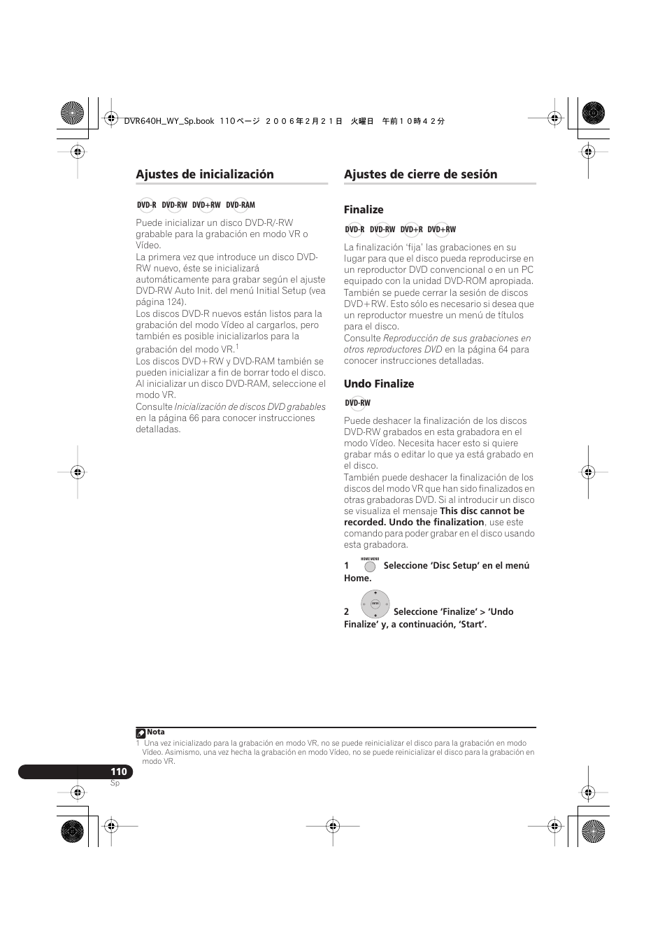 Ajustes de inicialización, Ajustes de cierre de sesión | Pioneer DVR-540H-S User Manual | Page 110 / 144