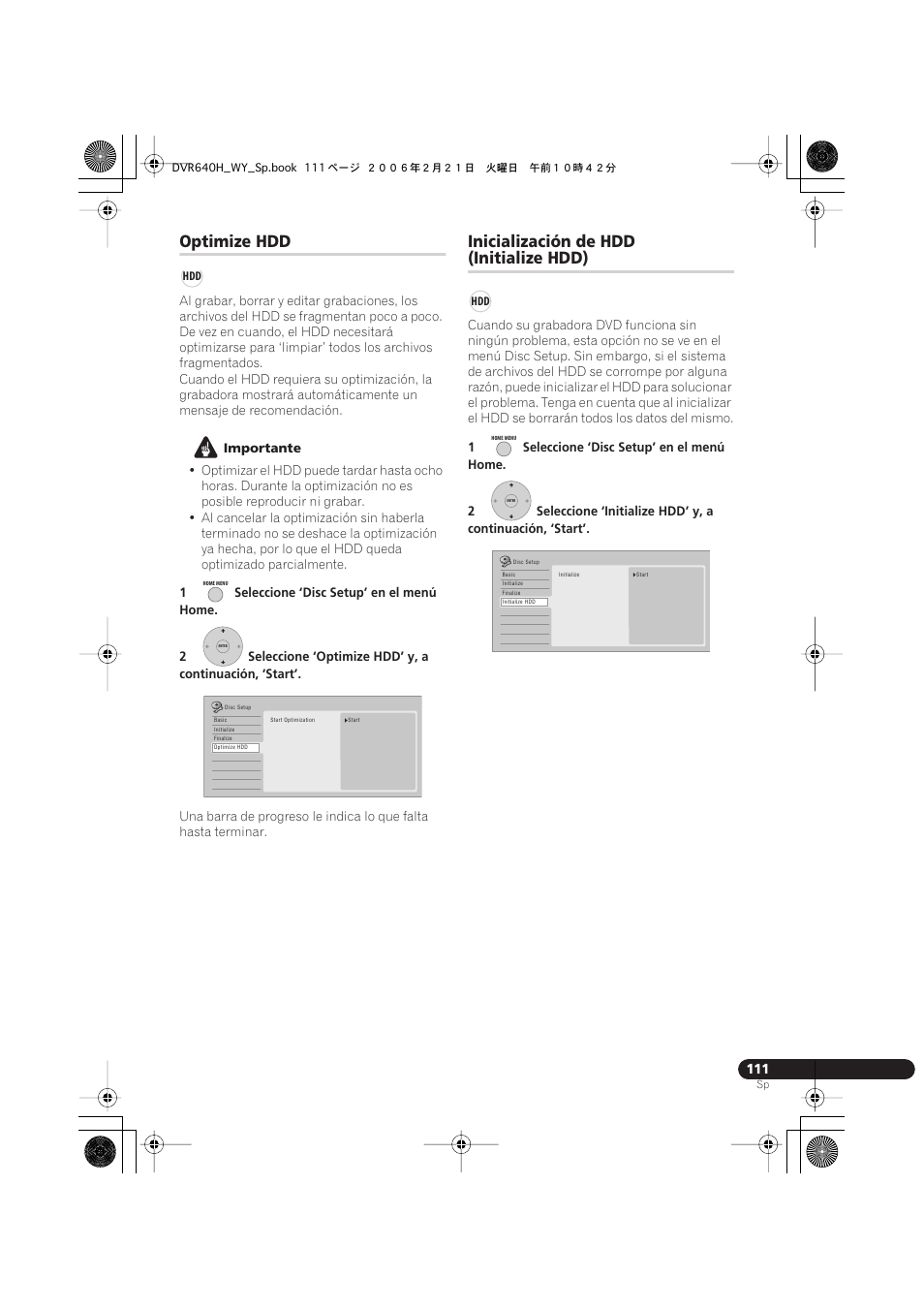 Optimize hdd, Inicialización de hdd (initialize hdd), Inicialización de hdd | Initialize hdd) | Pioneer DVR-540H-S User Manual | Page 111 / 144