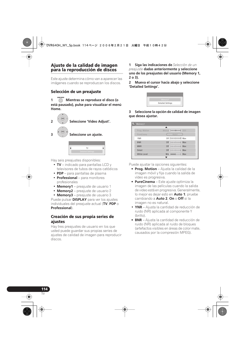 Ajuste de la calidad de imagen, Para la reproducción de discos, Selección de un preajuste | Creación de sus propia series de ajustes | Pioneer DVR-540H-S User Manual | Page 114 / 144