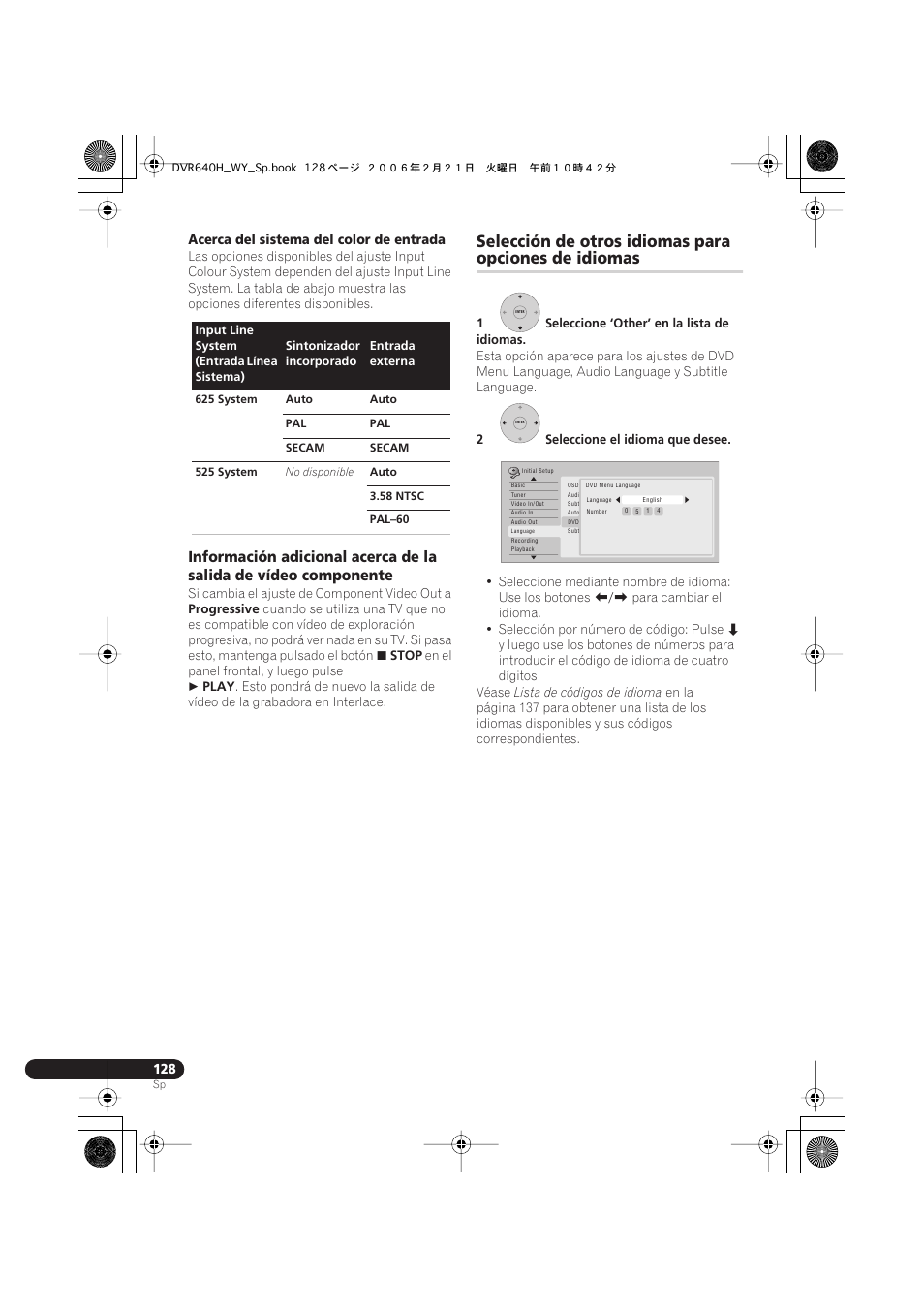 Selección de otros idiomas para, Opciones de idiomas | Pioneer DVR-540H-S User Manual | Page 128 / 144