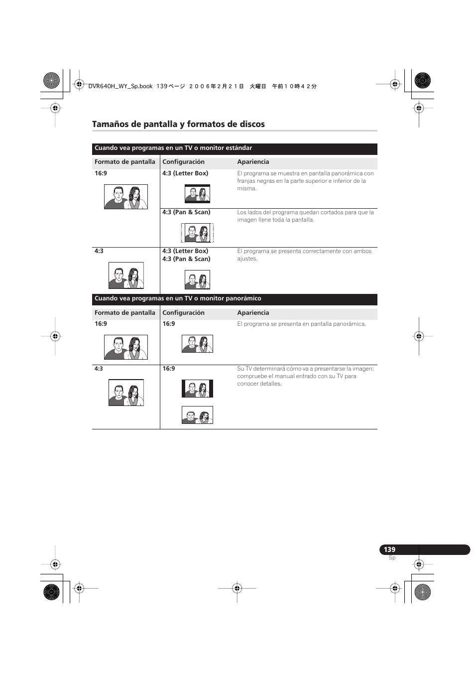 Tamaños de pantalla y formatos de discos | Pioneer DVR-540H-S User Manual | Page 139 / 144