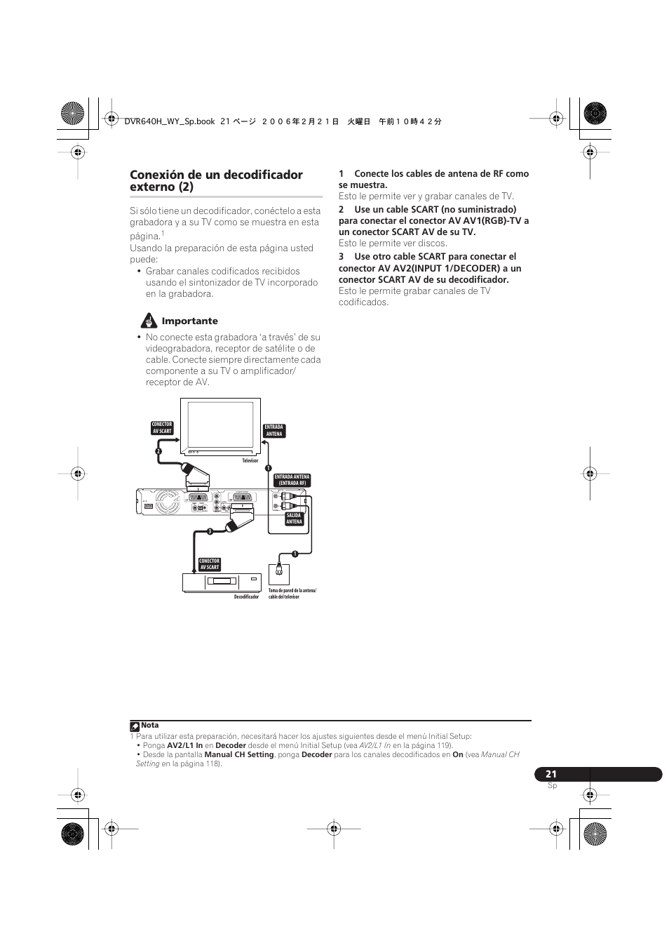 Conexión de un decodificador externo (2), Conexión de un decodificador, Externo (2) | Coaxial in, Output | Pioneer DVR-540H-S User Manual | Page 21 / 144
